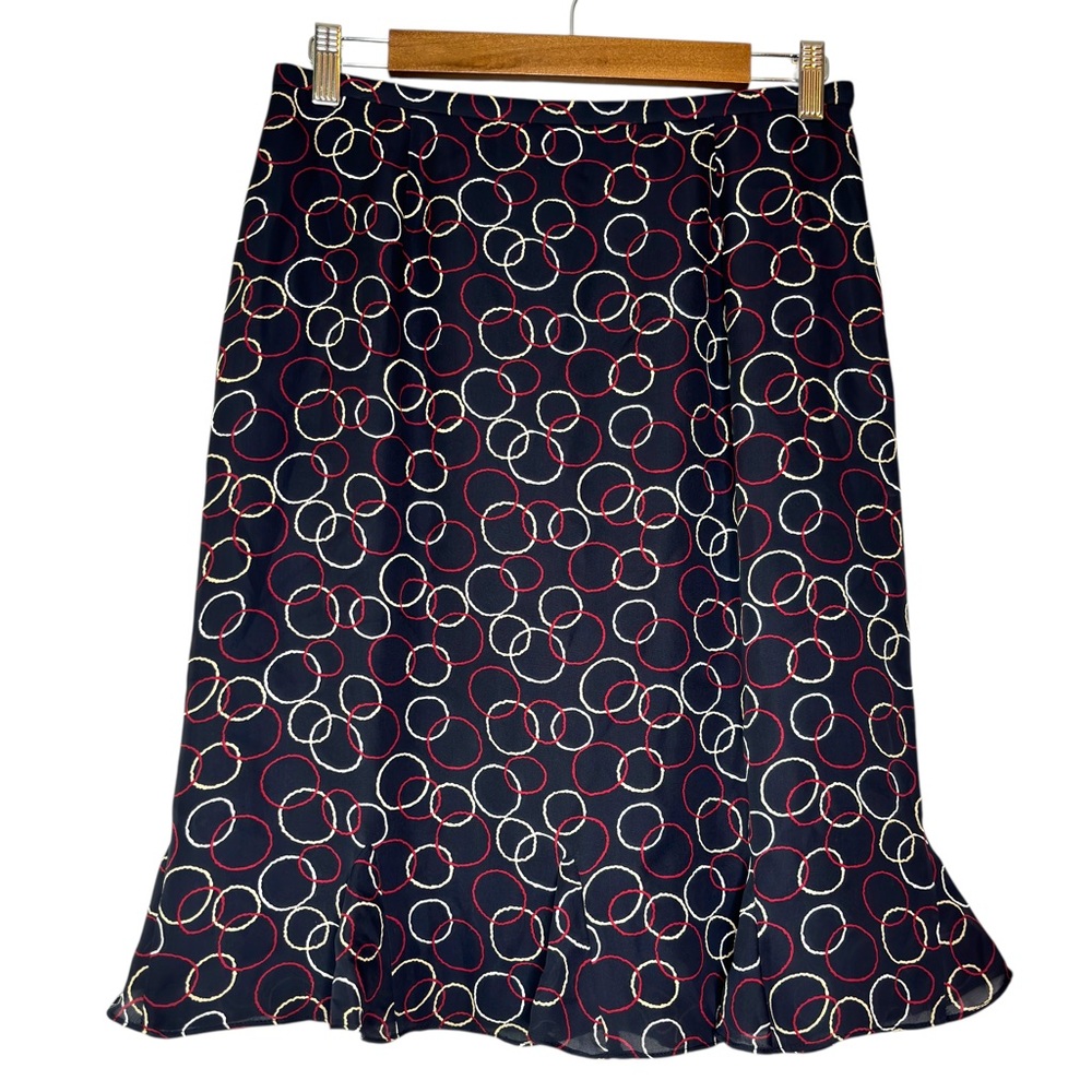 Talbots Y2K Black Tan Red Circle Print Ruffle Hem Lined Silk Skirt Size 8‎